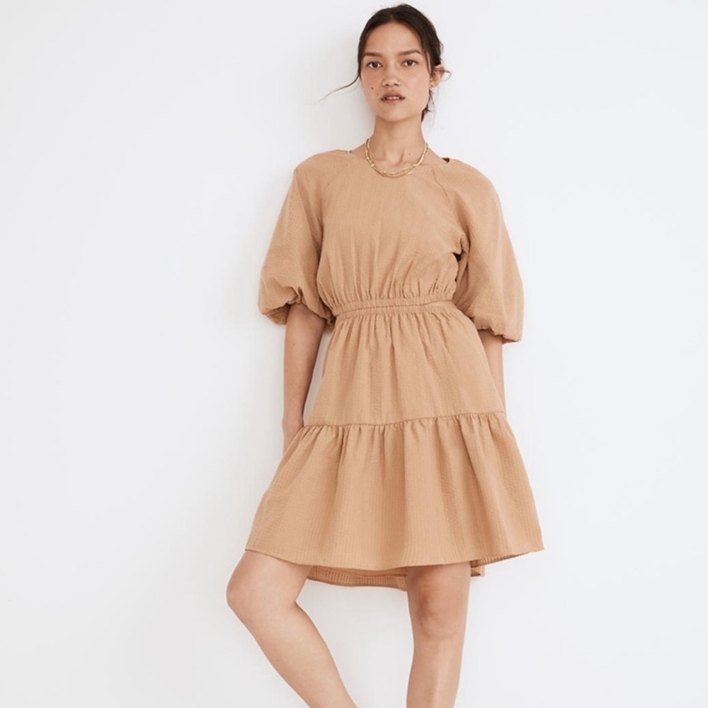 Madewell Seersucker Cut Out Midi Dress with Puff Sleeves in Tan